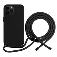 Coque Cordon réglable 160cm silicone liquide compatible iPhone  14 PRO - Noir