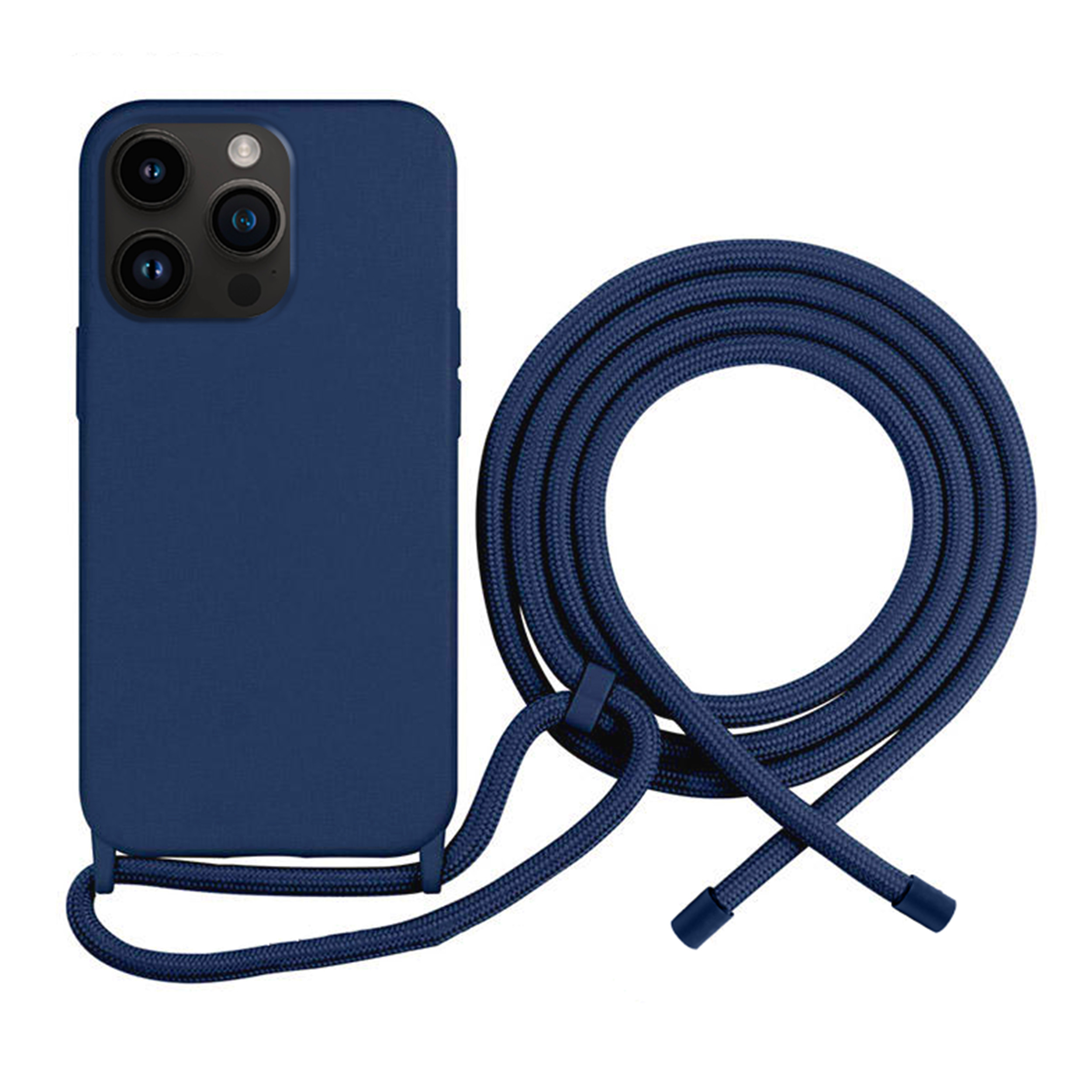Coque Cordon réglable 160cm silicone liquide compatible iPhone  13 PRO - Bleu Marine