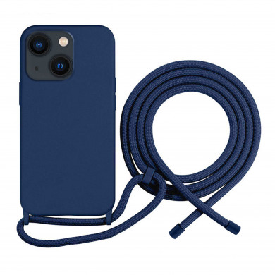 Coque Cordon réglable 160cm silicone liquide compatible iPhone 14 Plus - Bleu Marine