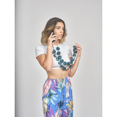 Chaîne perles L 123cm Milan - Bleu canard